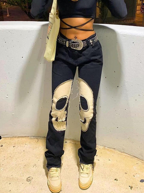 Load image into Gallery viewer, Printed Skull Jeans